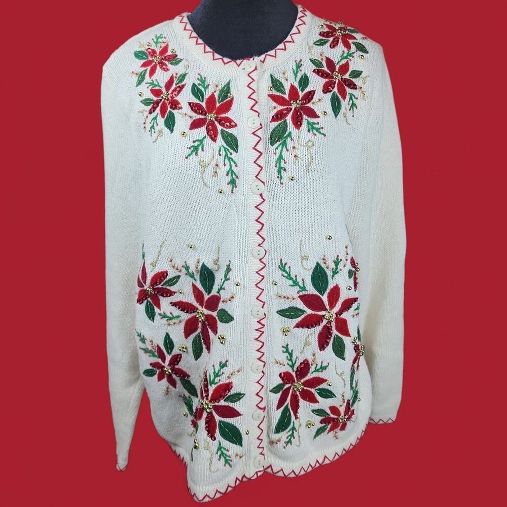 KIKIT | Elegant Vintage Christmas Holiday Poinsettia Floral Beaded Cardigan | L